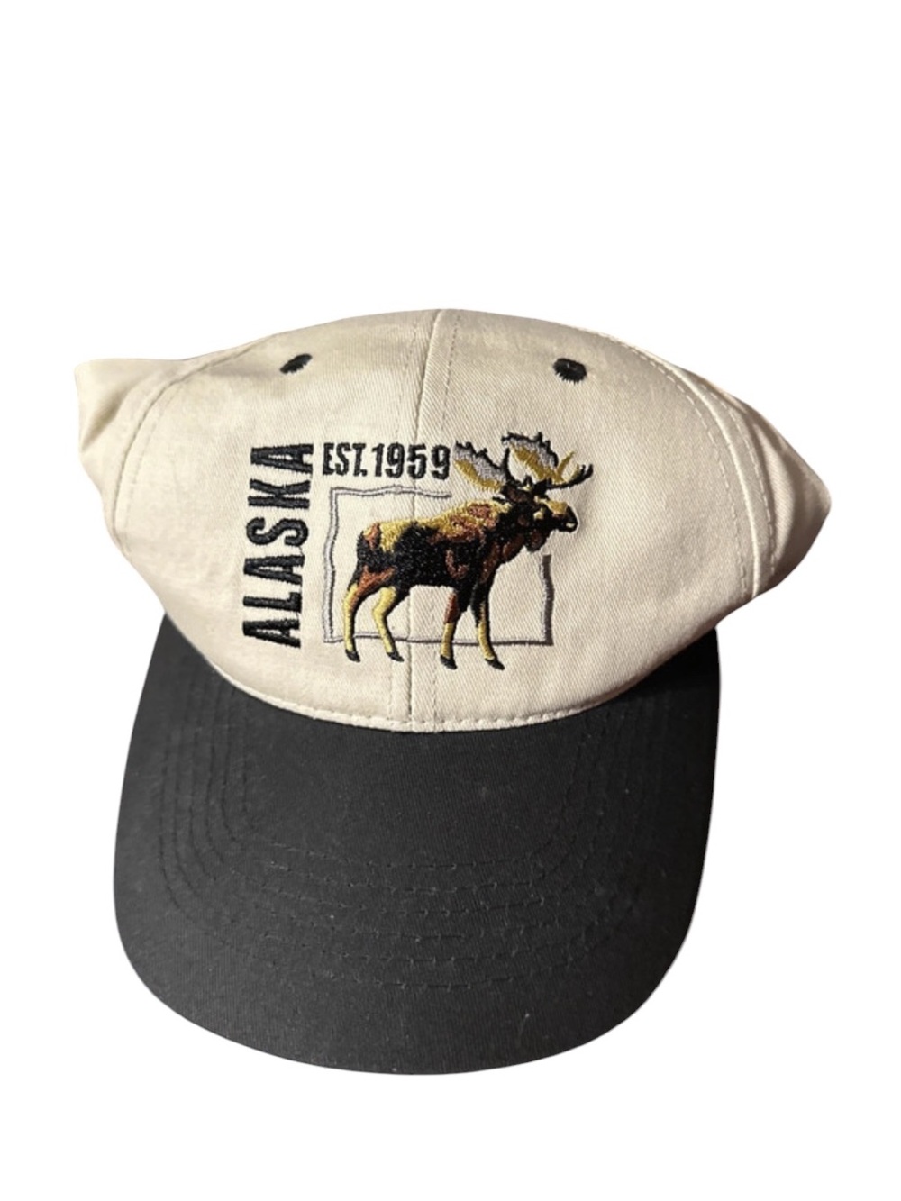 Alaska Moose Embroidered Baseball Cap - Cream Crown with Black Bill